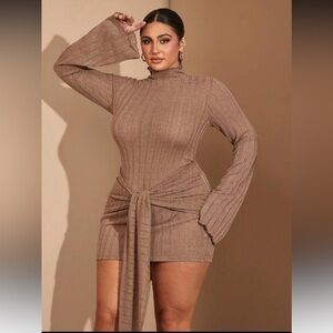 SHEIN Elegant Tan Ribbed Knit Sweater Tie Waist Dress Size 1XL/14